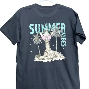 Summer Vibes Giraffe Pink Floaty Cute Original Graphic Tee Casual