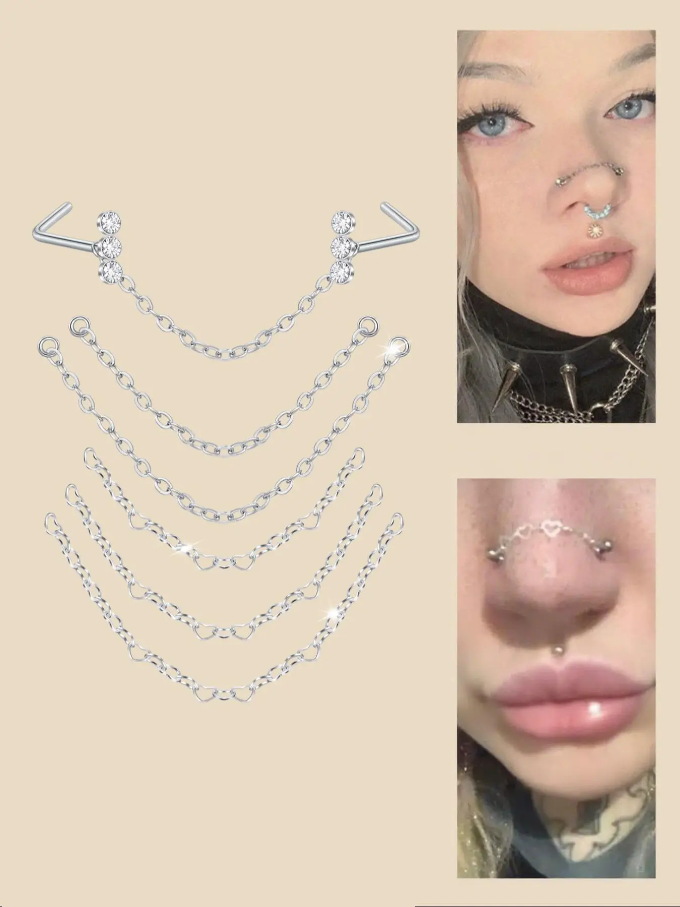 Stainless Steel Cz Nose Chain Piercing, 20g L Bone Shaped Nose Ring Chains for Women, Cz Nose Studs with Chains, Nostril Piercing Jewelry, Nose Piercing Kit, Body Piercing Jewelry