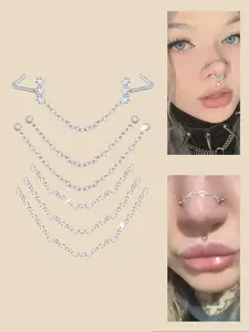 Stainless Steel Cz Nose Chain Piercing, 20g L Bone Shaped Nose Ring Chains for Women, Cz Nose Studs with Chains, Nostril Piercing Jewelry, Nose Piercing Kit