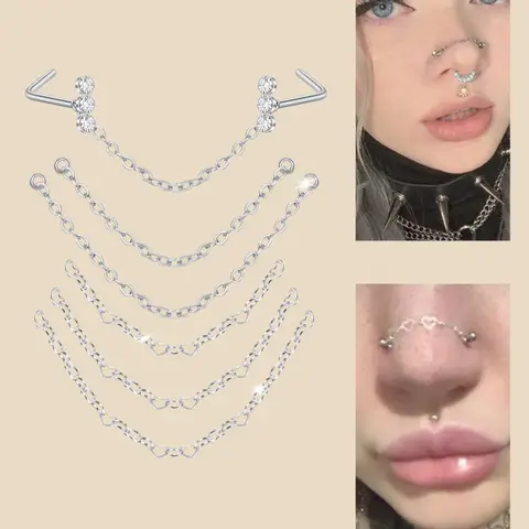 Stainless Steel Cz Nose Chain Piercing, 20g L Bone Shaped Nose Ring Chains for Women, Cz Nose Studs with Chains, Nostril Piercing Jewelry, Body Jewellery, Nose Piercing Kit