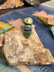 Handmade Sterling Silver Palomino with Golden Hills and Sonoran Mountain Turquoise Adjustable Ring " Signed Nizhoni"