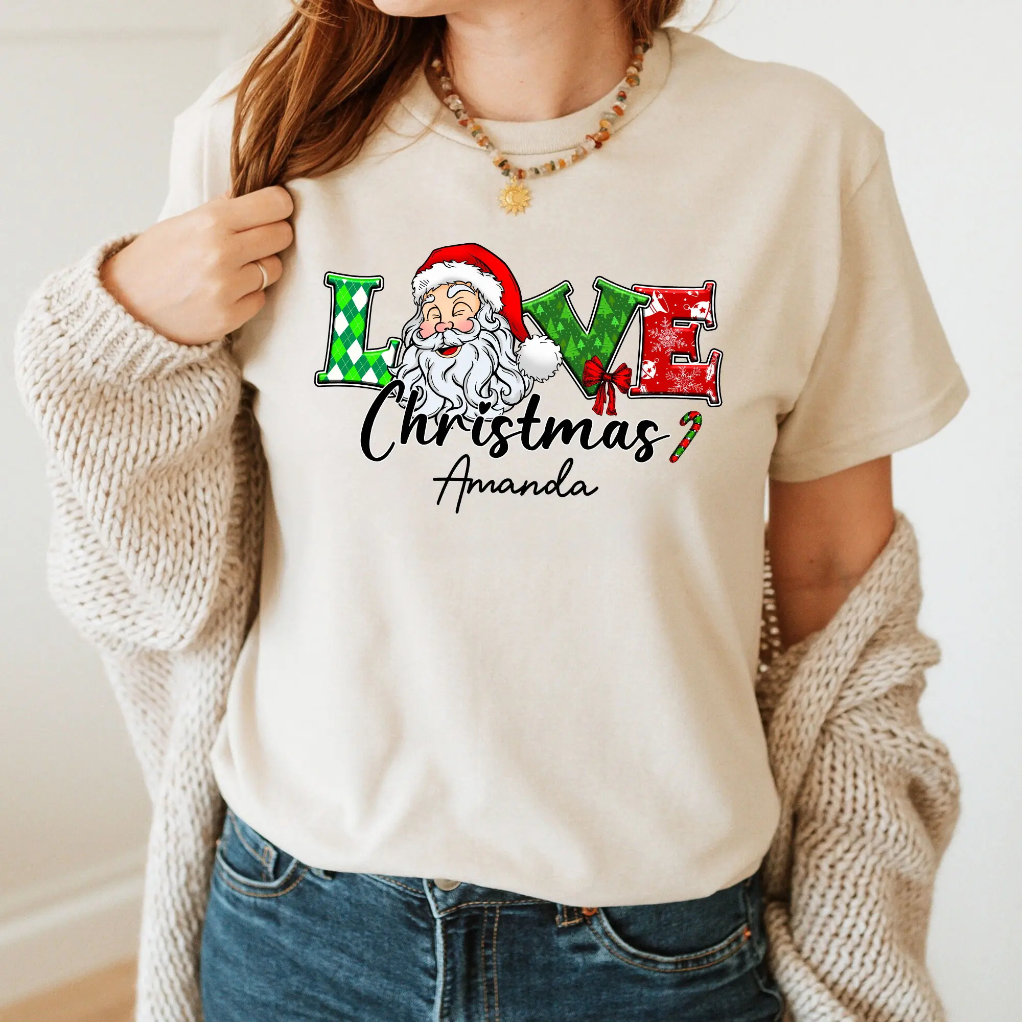 Personalized Name Love Christmas Shirt, Funny Santa Claus Christmas Shirt, Merry Christmas T-shirt, Holiday Gift For Christmas, Cuta Santa Xmas Graphic Tee, Christmas Family Matching Short Sleeve Tshirts