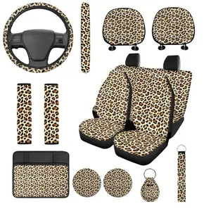 Leopard Car Interior Accessories Set,Valentine's Gift for Women,Car Accessories Full Set fashion Pattern Seat Covers, Steering Wheel Grip, Armrest & Shoulder Pads  - Soft Cushioned Non-Slip Grips, Durable Easy-Clean Fabric for Cars, Trucks, SUVs Fit