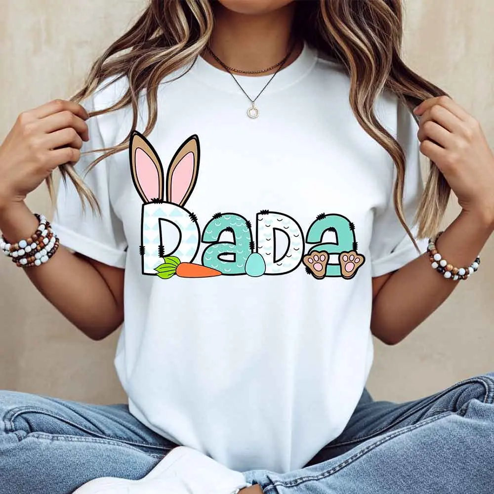 Easter Bunny Ears And Carrot Dad Print T Shirt White Crew Neck Casual Top For Easter Celebration