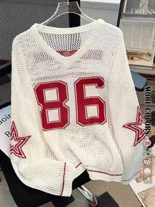 【Plus Size】 Women's Summer Oversized Sporty Sweatshirt, Digital Print Casual Loose Fit Outerwear, Elegant Hollow Out Knit Top