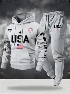 Men's Casual Letter Graphic Hoodie Set, Comfortable Long Sleeve Top and Elastic Waist Drawstring Pants, Fall & Winter Outdoor Wear