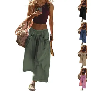 Women's Loose Wide Leg Track Pants Drawstring Pockets Elastic Waist Capri Hiking Pants（gift）