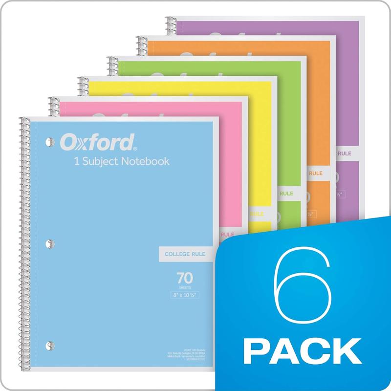 Oxford Spiral Notebook, 1 Subject, College Ruled Paper, 8 x 101/2 Inch, Pastel Pink, Orange, Yellow, Green, Blue and Purple, 70 Sheets (63756), Set 6