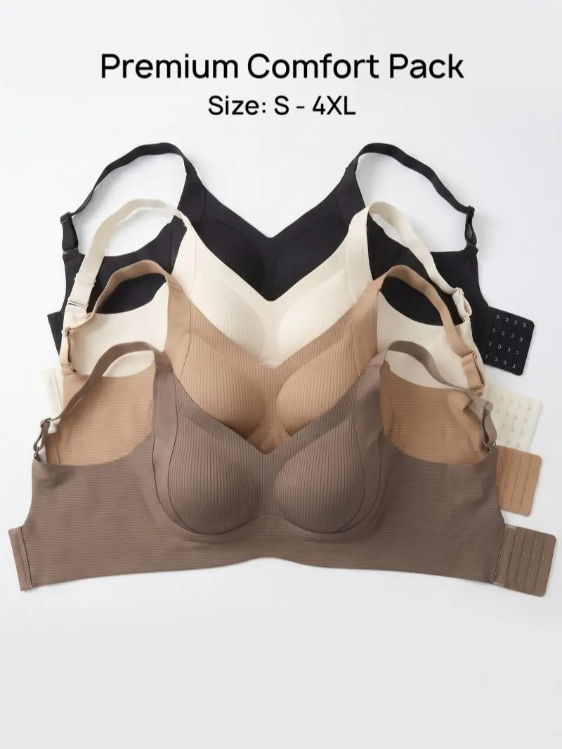 4-Pack Seamless Wireless Push Up Bra Women's Full Coverage Ribbed Jelly Bralette Plus Size Everyday T-Shirt Bras