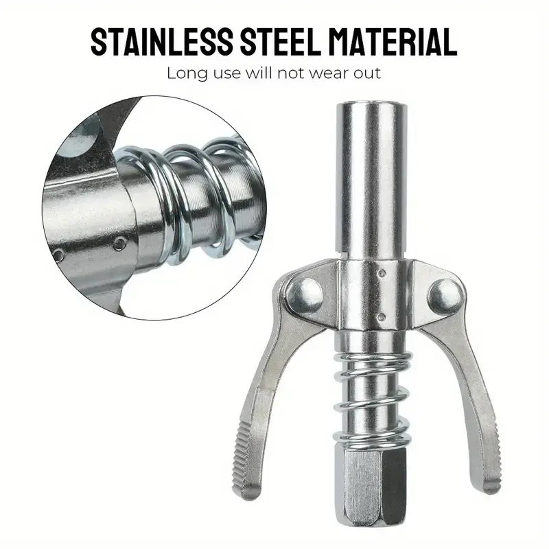 Grease gun nozzle; high-pressure grease fitting head; locking clamp-style grease fitting; self-locking grease nozzle; pneumatic grease gun accessory; comprehensive parts list