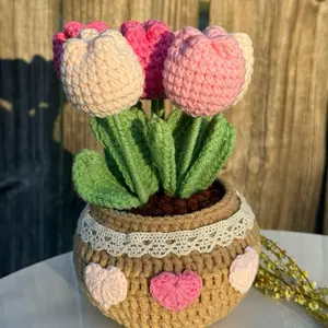 Crochet Flowers Finished product Tulips Knitted Flower Bouquet Handmade Forever Tulip Pot Crafted Decor Decorative Fruit