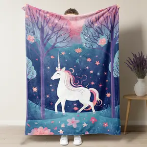 Pink Unicorn Fantasy Magical Throw Blanket, Enchanted Forest & Starry Clouds Print Soft Flannel Blanket, Perfect for Toddler Nursery Decor & Girls Bedroom, Cozy Warm Kids Blanket for Nap Time & Bedtime