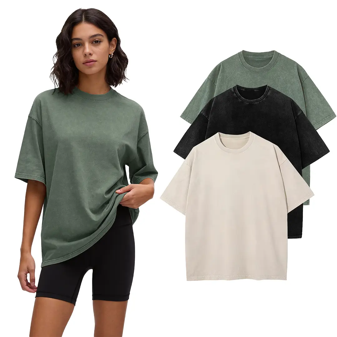 Women's 3-Pack Oversized Vintage Washed Heavyweight Cotton T-Shirts, Short Sleeve Crew Neck Baggy Boyfriend Fit Casual Streetwear Tops with Acid Wash Vintage Look, Shortsleeve
