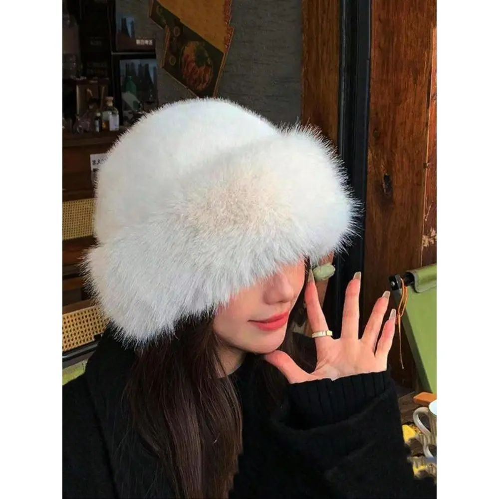 Women's Oversized Solid Color Faux Fur Bucket Hat - Warm Casual Fur Hats for Fall Winter Fashion Headwear, Fashionable Hats, Female