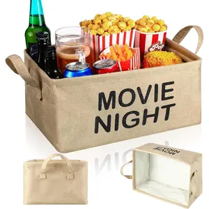 Reusable Burlap Snack Basket Tray with Handles Storage Organizer for Theater Popcorn Family Movie Nights Holiday Parties