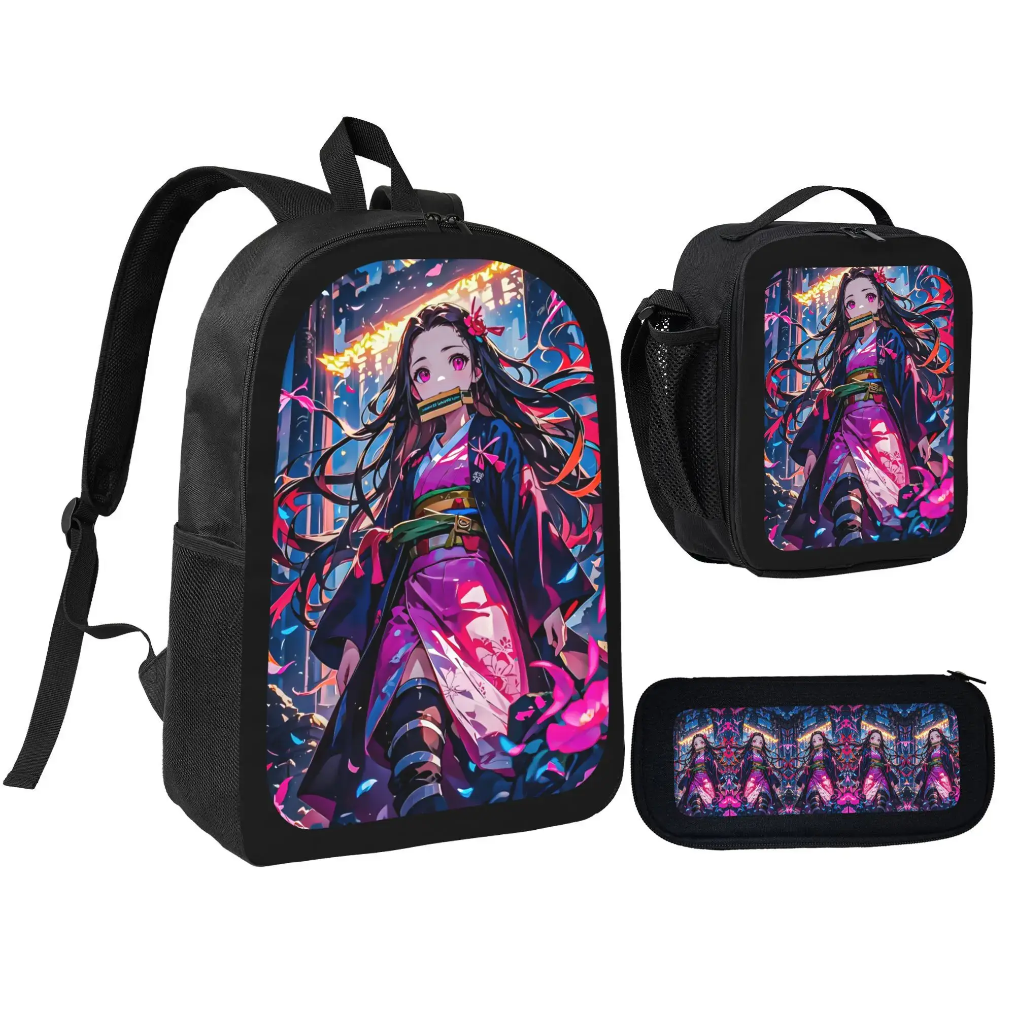 Casual Printed Work Backpack Bundle Demon Slayer Tote, Cosmetic Case, Lunch Bag - Anime Bookbag Set for Family, Role Play, Zoo Essentials
