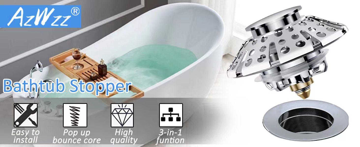 Universal Tub Stopper Bathtub Drain Plug, Pop Up Tub Drain Hair Catcher, Drain Cover with Strainer, for 1-3/8 to 2in Bath Drain Hole