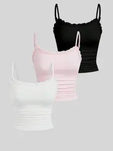 Women's Solid Color Ruffle Trim Fitted Tank Top, Casual Sleeveless Top for Daily Wear, Ladies Clothes for All Seasons, Lace