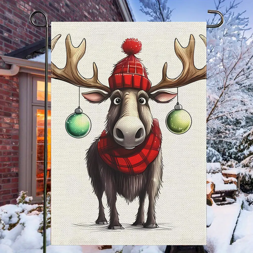 Double-Sided Christmas Moose Garden Flag - Durable Polyester, Multipurpose Holiday Yard Decoration, Funny Moose with Ornaments Design, Outdoor Festive Home Decor, Weather-Resistant, 12x18 inches, No Flagpole Needed - For Christmas Decoration