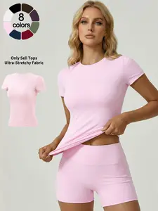 Women's Solid Color Crew Neck Short Sleeve Top Soft Breathable Loungewear Sports T-shirt High Stretch Slim Fit Waist Shaping Top Versatile For All Seasons Outdoor Running Casual Daily And Home Wear Activewear Tee