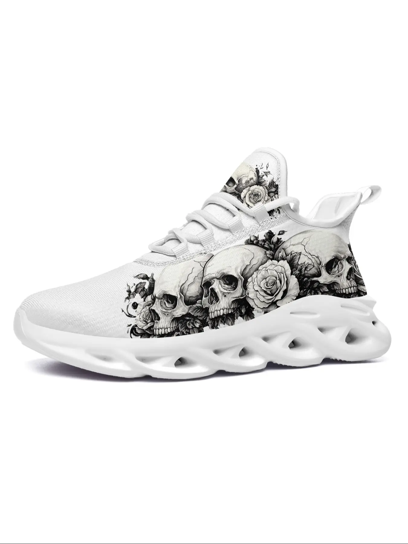 Plus Size Men's Low Top Sneakers, Gothic Skull Design Streetwear Lace-Up Training Shoes, Comfortable Casual Trainers, Sports Shoes for All Seasons