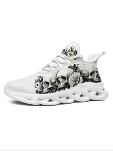 Plus Size Men's Low Top Sneakers, Gothic Skull Design Streetwear Lace-Up Training Shoes, Comfortable Casual Trainers for All Seasons