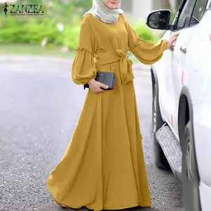 ZANZEA Women Muslim Abaya Dubai Dress Solid Long Sleeve Ruffles Maxi Long Sundress Robe Femme Lace Up Hijab Dress Islamic Kaftan