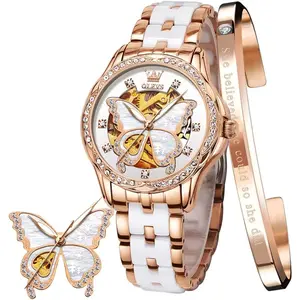 OLEVS Women's Rose Gold Automatic Watches Skeleton Mechanical Self Winding Ladies Elegant Luxury Dress Butterfly Diamond White Ceramic Band Watch Gift