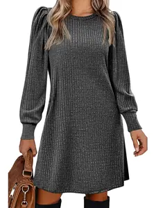 Women's Dress Fall Winter Knit Puff Long Sleeve Pullover Casual Dresses with Pockets Fit Fashion