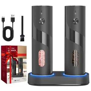 Electric Salt and Pepper Grinder Set Rechargeable with Easy to Carry Charging Base and LED Light, Adjustable Coarseness, Greater Capacity, USB for Kitchen, Restaurant