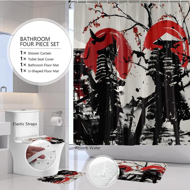 Japanese Ukiyo-e Samurai Shower Curtain Set, 1 Count Shower Curtain Or 4 Counts Bathroom Decoration Set Including Shower Curtain, Bath Mat, Toilet Lid Cover, U-Shaped Mat, Bathroom Accessories, with 12 Hooks