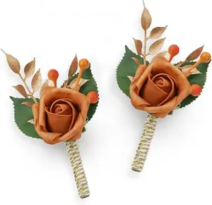 TINGE TIME Burnt Orange Boutonniere for Men Wedding, Set of 2, Groom Groomsmen Boutineers Decor for Wedding Ceremony Anniversary, Formal Dinner Homecoming and Rustic Vintage Wedding