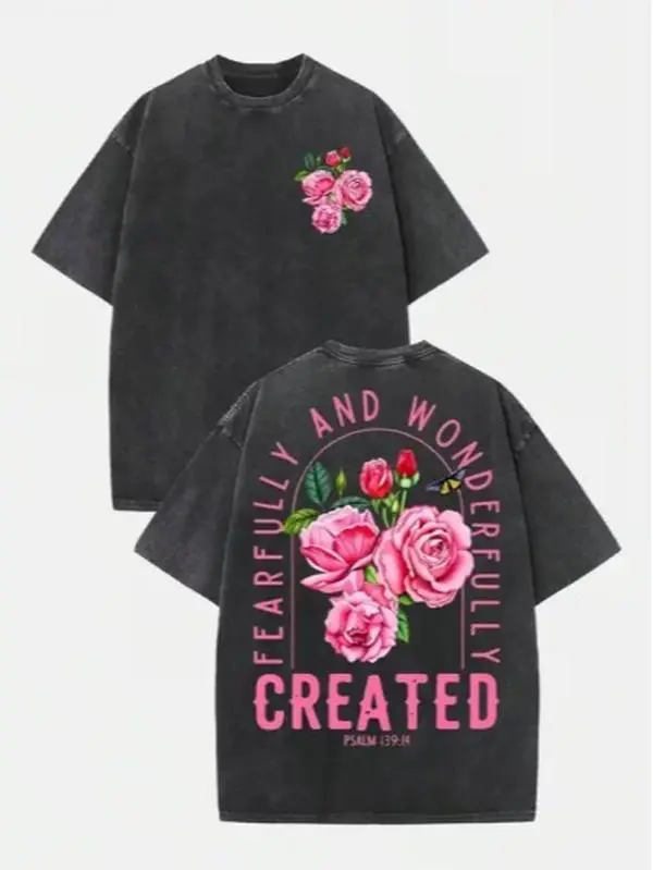 Amazing Pink Rose Vintage-style Loose Printed T-shirt, WomenS Short-sleeve Design,  Pure Fabric, Relaxed Fit Perfect for Casual Attire Or As A Gift for Friends Lyrics Taken From Psalm 139: 14, Beautifully Designed 100% Pure Cotton Top