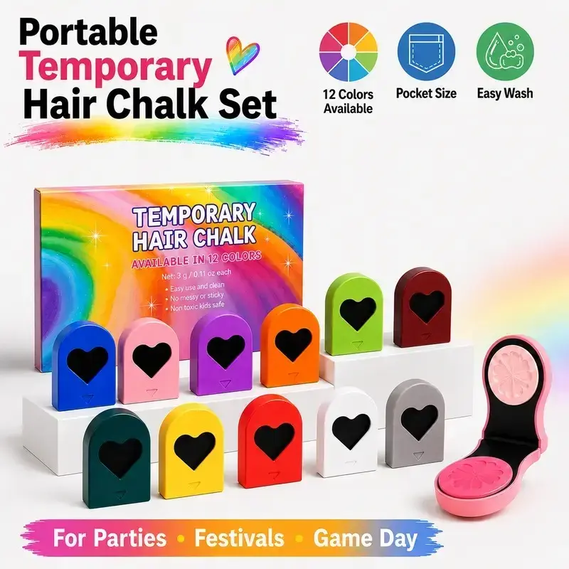 6/12 Bold Vibrant Powder Form Temporary Hair Chalk Dye - Easy Wash-Off, Pocket-Size Haircare for All Hair, DIY Styling for Events & Fun