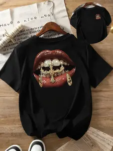 Hip Hop Streetwear Men's T-Shirt 180g Pure Cotton Casual Luxury Gold Lips Grillz Print Top for Summer Urban Outfits Gift for Teen Guys S-5XL