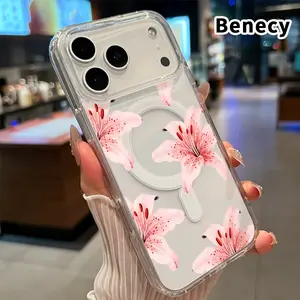 Clear Phone Case for iPhone 17 16  Pro Max Plus 15 14 13 12 11 Air E Pink Lily Grace  Pattern Magnetic Sunction Acrylic Back Full Body Protective Cover