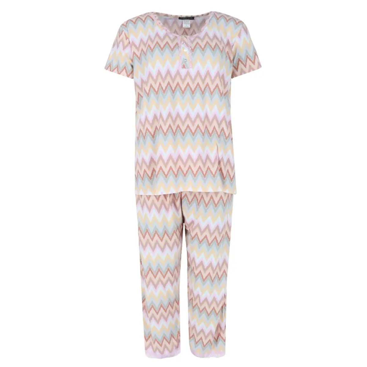 Elegant Emily Women's Plus Size Chevron Multicolor Short Sleeve Capri Set, Long Leg Pajama Sets