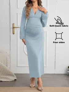 MISHELLA Maternity Baby Shower Women's Dress With Sleeves Solid Color V-Neck Pleated Dress Pregnancy Clothing Pregnant Dress Breastfeeding Dress Maternity Dress Maternity Dresses