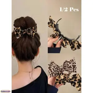 1PC Leopard Print Bow Hair Claw Clip, Vintage Double Layer Big Bow Hair Clip, Elegant Fabric Hair Accessory for Daily Wear