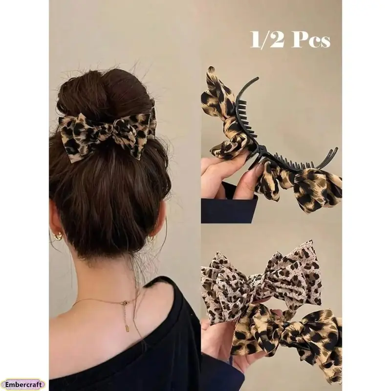 1PC Leopard Print Double-Bow Rubber Claw Clip - Vintage Decorative Bow Accent Animal Print Hair Accessory, Claw-Shaped Design for Daily Elegance Halfup-in-Seconds Styling, OneSize