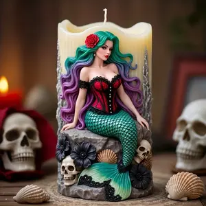 Elegant Mermaid Relief Candle Mold with Rose Skull Seat Design, Handmade Scented Wax Silicone Mould for DIY Aromatherapy Candles