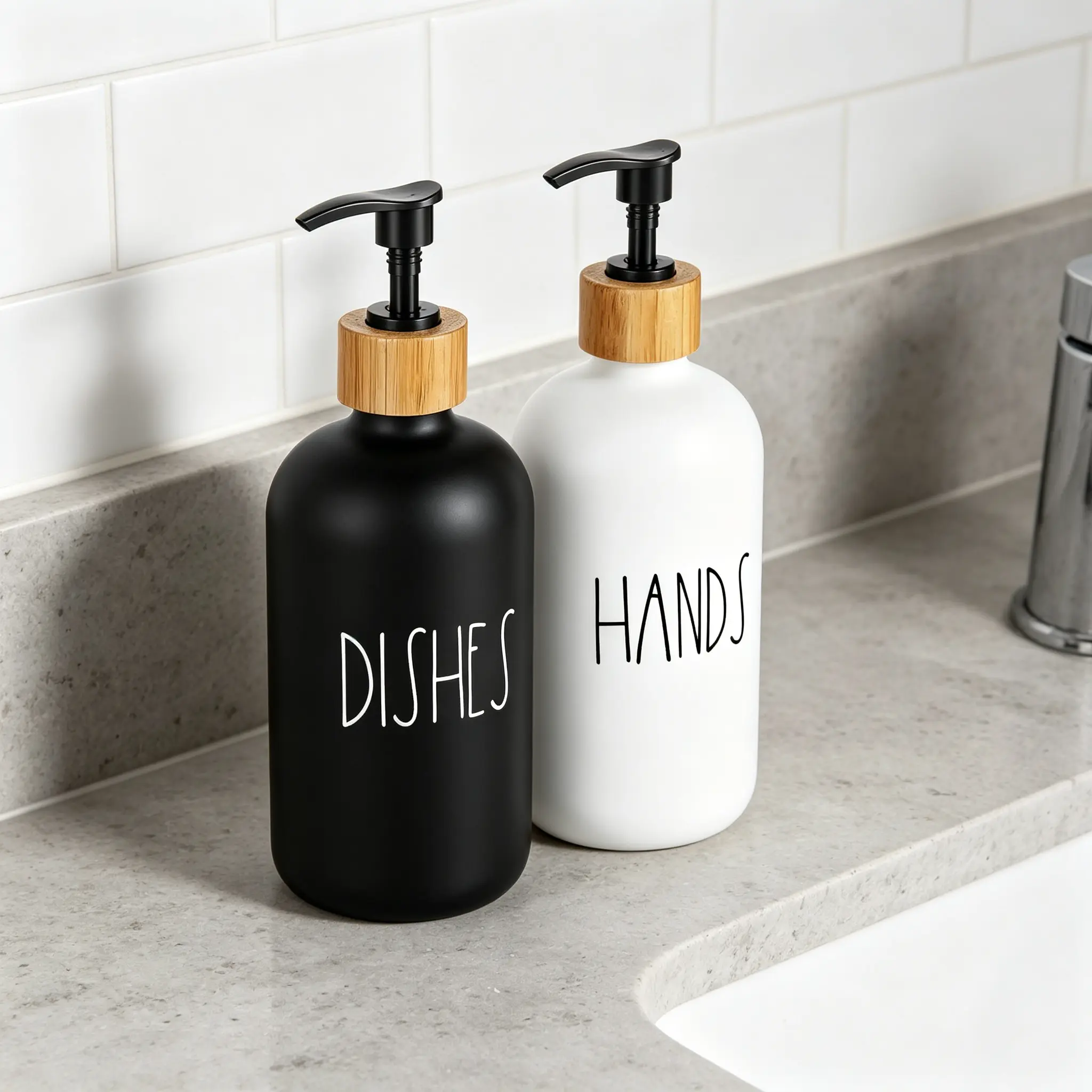 Pet Small Animal Health 2-Pack Glass Soap Dispenser Set - Bamboo Tray, Matte Black Bottles, Modern Decor, Rustic Charm, Functional Stylish Organizing Solution for Kitchen Sink, Bathroom