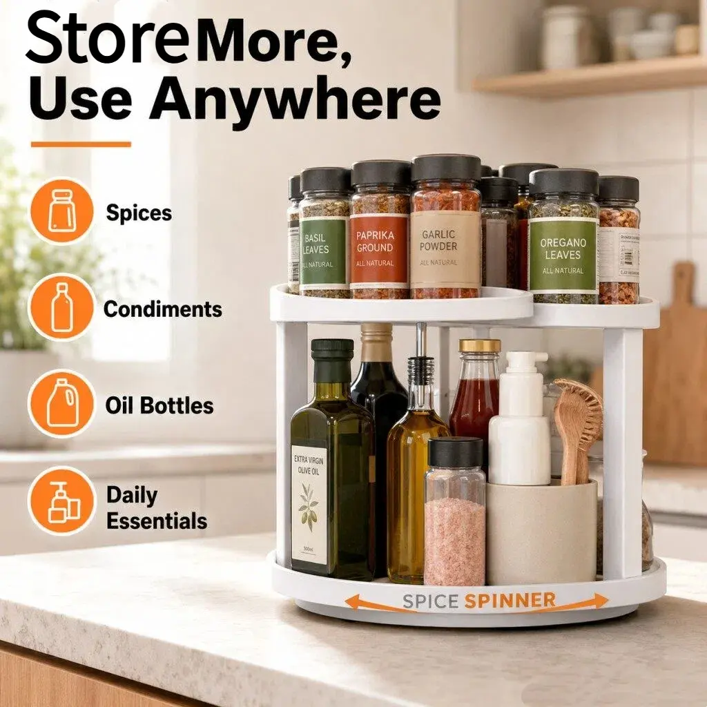 2 Tier Rotating Spice Spinner Organizer - 360° Lazy Susan for Kitchen Cabinet, Pantry & Countertop Storage - D-Shape Base for Maximizing Tight Spaces - For Spices, Bottles & Condiments