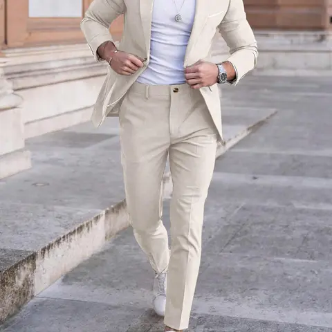 Men's Solid Color Suit Set, Slim Fit Formal Casual Comfy Breathable Business Workwear Blazer & Pants for Work Office, Men's Clothing for All Seasons, Essential Business Attire, Menswear