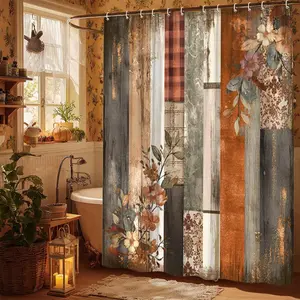 1pc Large Rustic Farmhouse Shower Curtain Patchwork Plaid Mosaic & Floral Design Bathroom Decor with Hooks Country Style Bath Curtain for Cottage