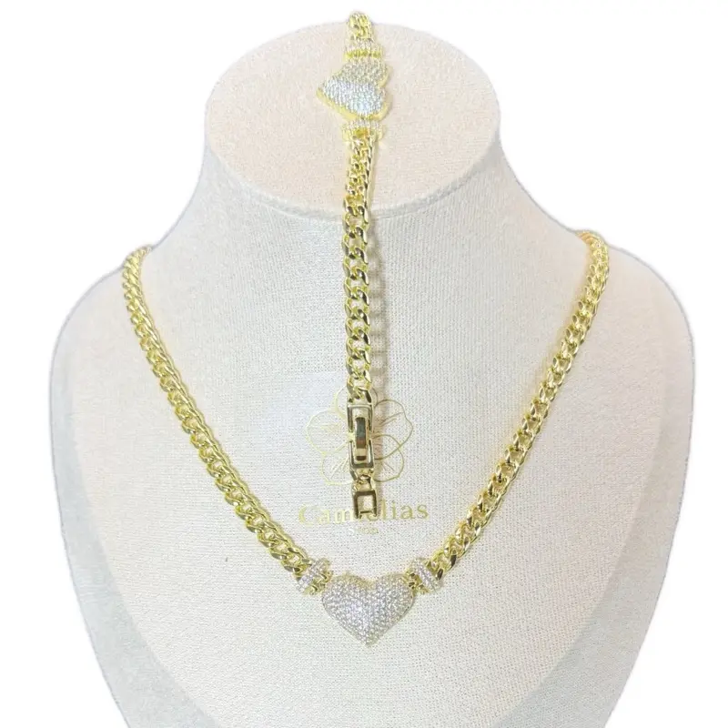 1001 Duo Set Gold Plated Heat Design 20 Inches & 7.5 Inches Necklace with Heart Charm Elegant Jewelry Set for Everyday Wear
