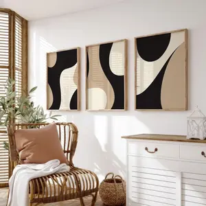 Modern Neutral Gallery Wall Art Set of 3 Black and Beige Abstract  Poster, No Frame