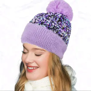 Sequin Faux Fur Pom Beanie beanie hat