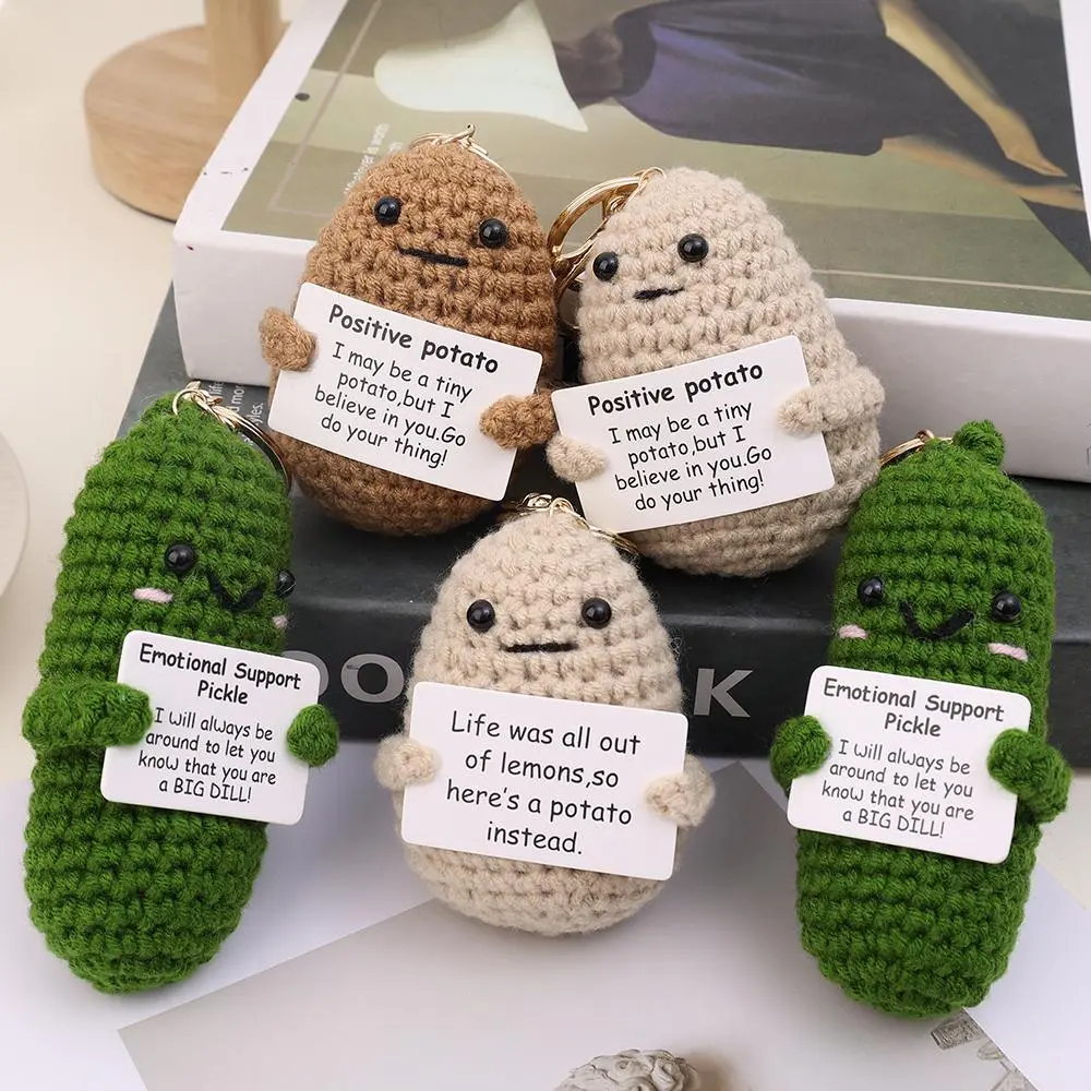 Positive Energy Potato Keychain Cute Patata Cucumber Hug Pocket Handmade Wool Crochet Doll with Card Bag Pendant Funny Key Chain