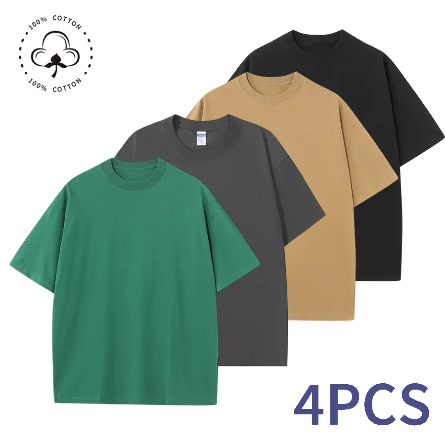 Menswear 4PCS Plain Round-Neck Shortsleeve T-Shirts, 230g Breathable High-Quality Soft Cotton Loose-Fit Solid-Color Tops for Casual Use, Multi-Color, Versatile Holiday Gift Option